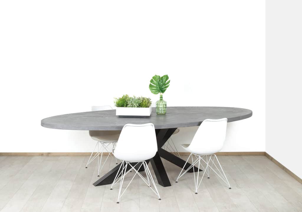 Ovale betonlook tafel met matrixpoot Lillie