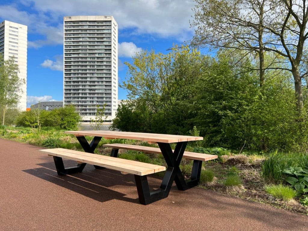Douglashouten picknicktafel Dinant met kieren en stalen X poten