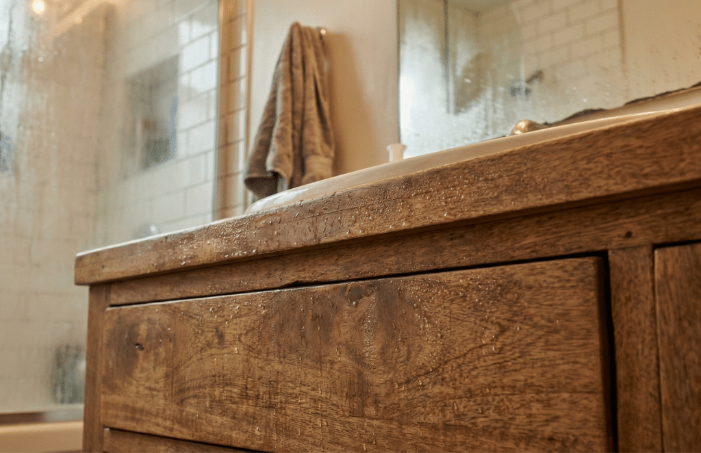 eiken badkamermeubel met condens op het hout